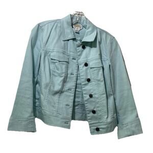 Talbots Petites Aqua Blue Jean Jacket Button Back Panel Size 2 Pockets Casual